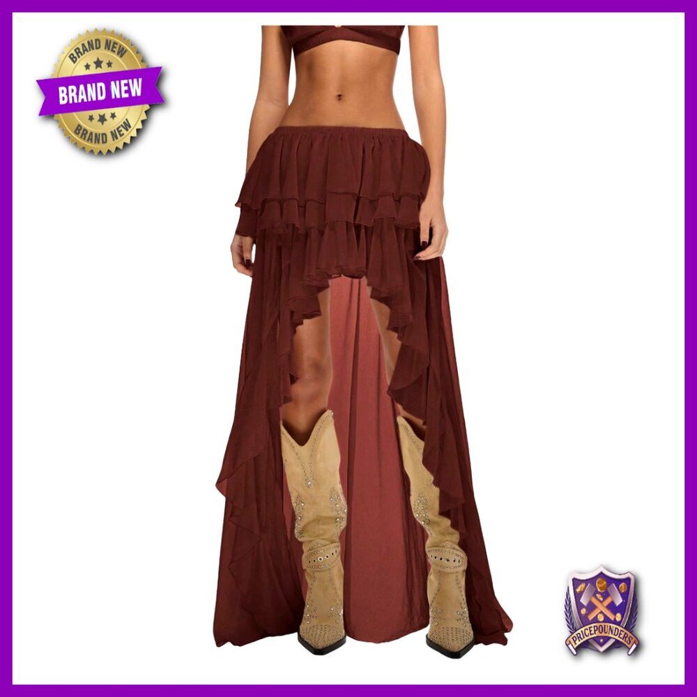 Boho Layered Ruffle Chiffon Maxi Skirt Elastic Waist Asymmetrical - Picture 1 of 5